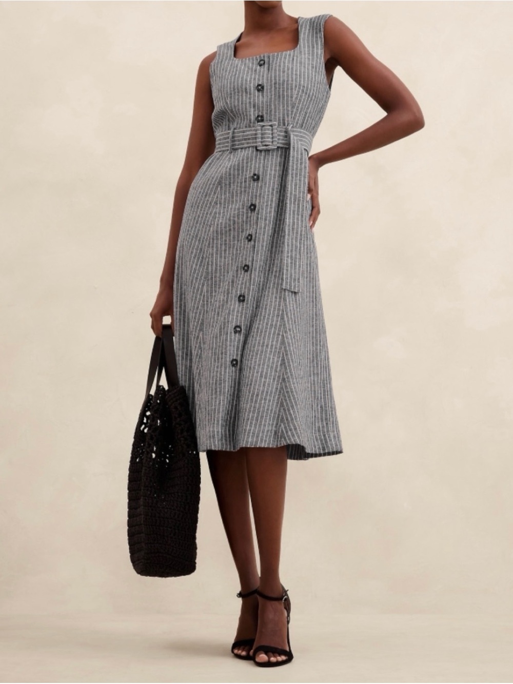Banana Republic Linen-Blend Button Midi Belted Dress